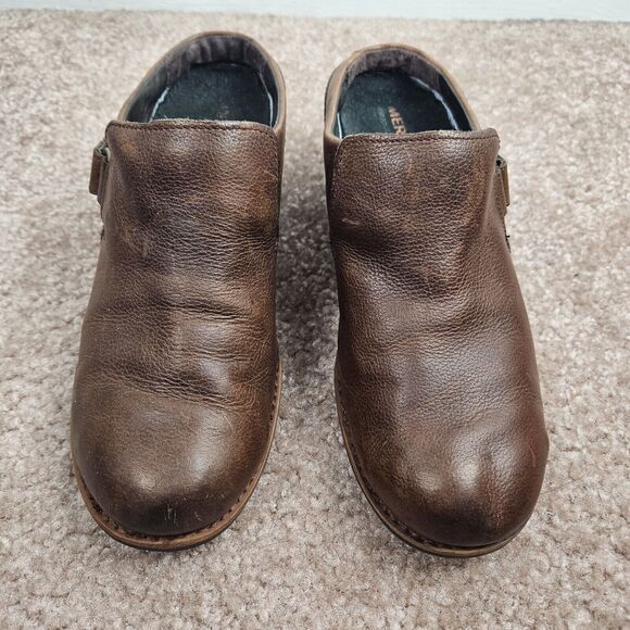 Merrell Oak Brown Leather Womens 7 Mule Clog Shoes Comfort Slip On Block Heel - Picture 15 of 15